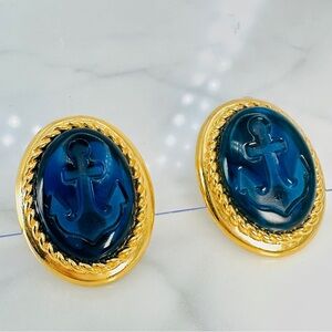 Vintage Trifari Blue Anchor Earrings Clip On Blue Gold Large Signed Statement